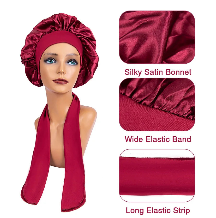 Satin Elegance: Large Night Bonnet with Head Tie - Silky Sleep Care for Braids & Curls