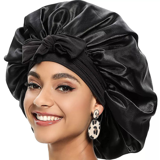 Satin Elegance: Large Night Bonnet with Head Tie - Silky Sleep Care for Braids & Curls
