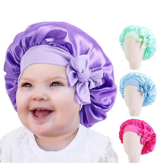 Silky Tot Bow: Solid Satin Bonnet with Band Tie - Gentle Night Sleep Cap for Kids