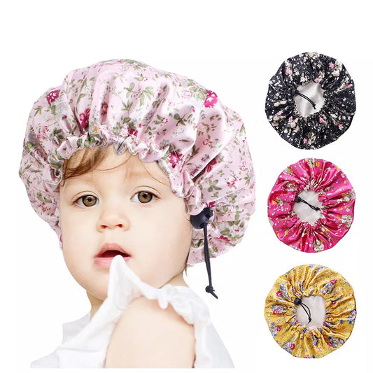 Silky Sprout: Double-Layer Satin Bonnet - Floral Comfort for Kids' Slumber